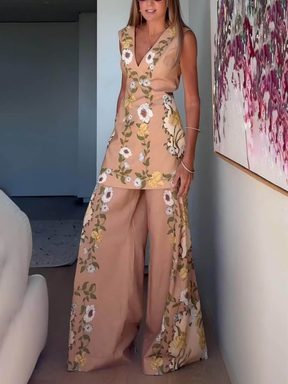 Chic Perfect Style Linen Blend Floral Elastic Waist Flare Pants