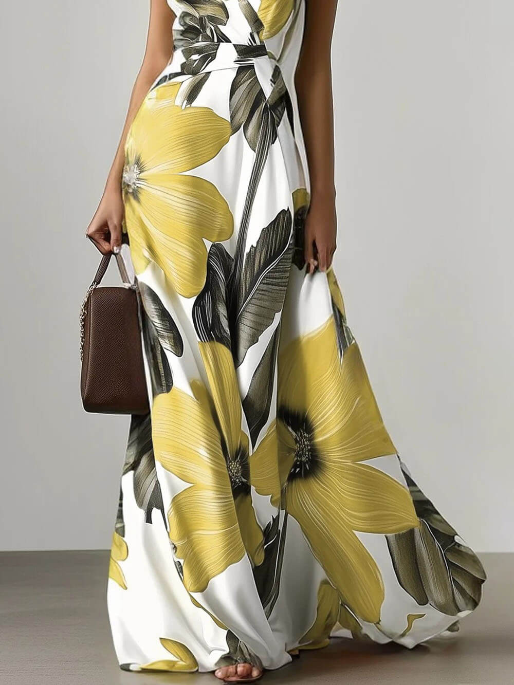 Elegant Floral Print Classic V Neck Sleeveless A-Line Maxi Dress