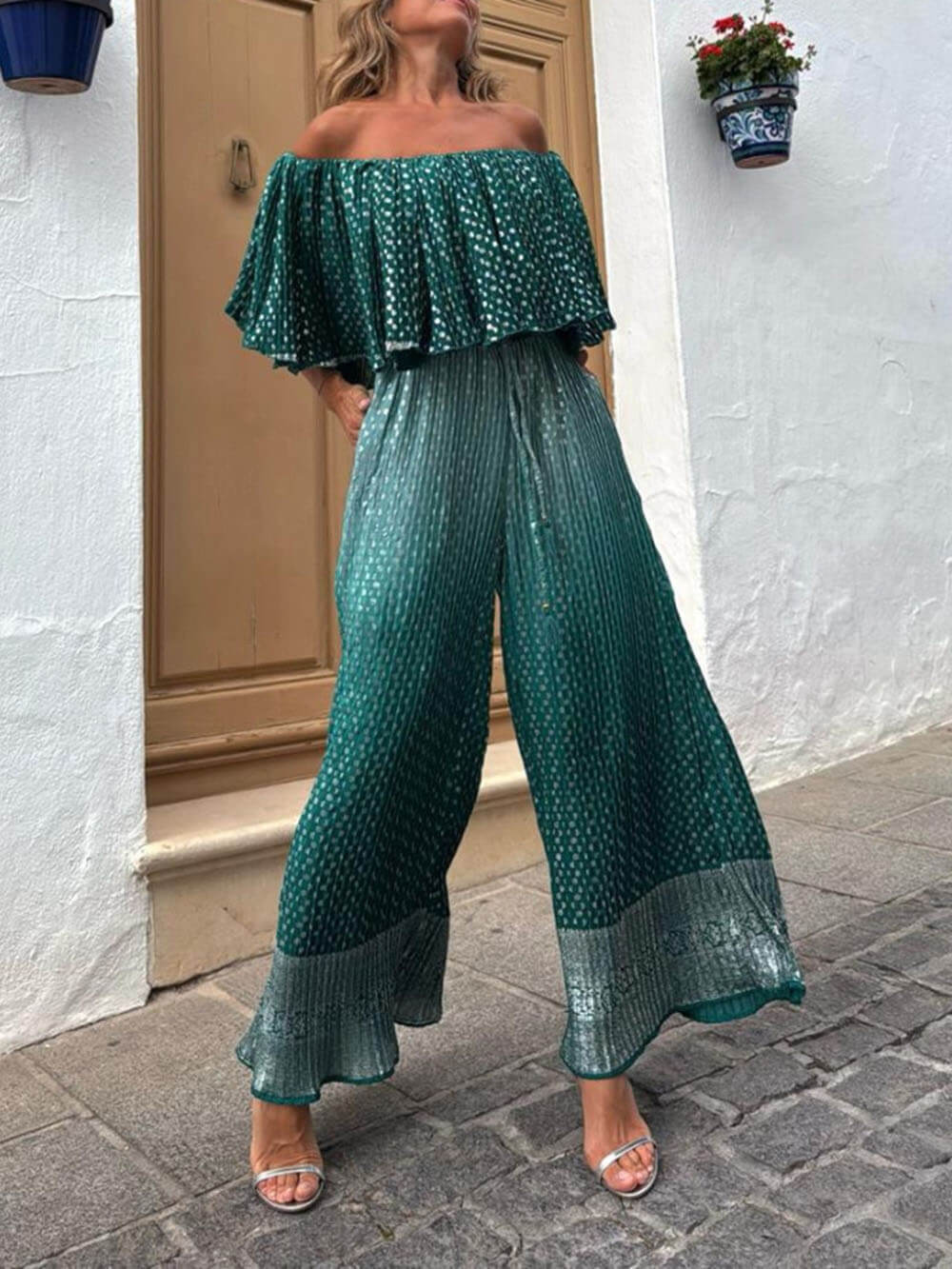 Modern Feel Unique Contrast Print Elastic Neckline Honeycomb Oversized One-Shoulder Top