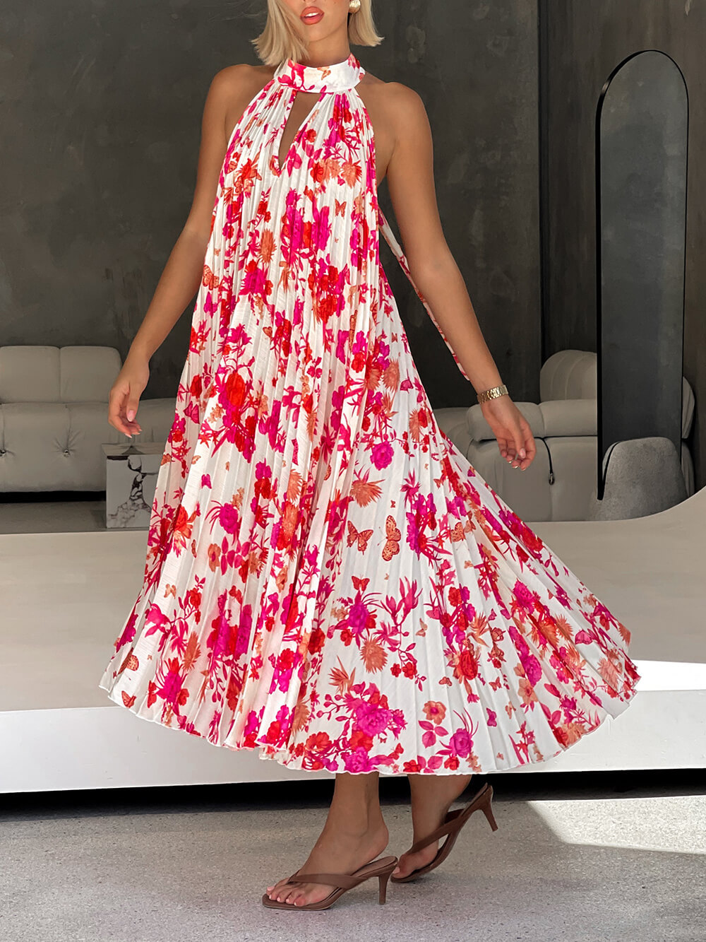 Delicate Floral Print Halter Neck Tie Hollow Pleated Midi Dress