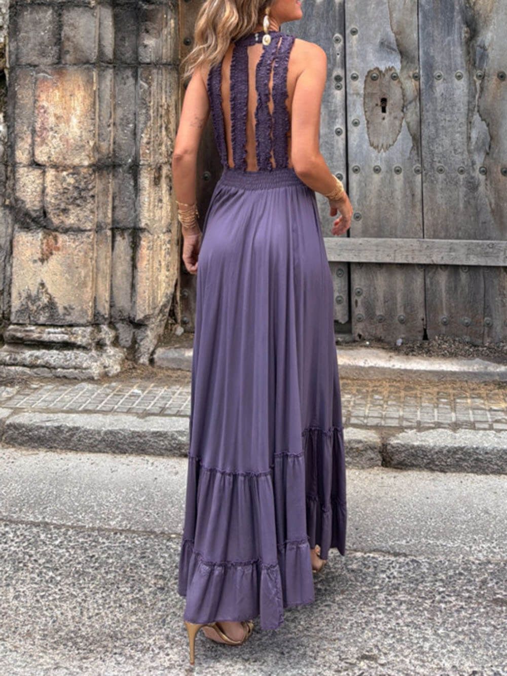 Unique Modern Open Back Honeycomb Straps Gold Trim At The Waist A-Line Maxi Dress