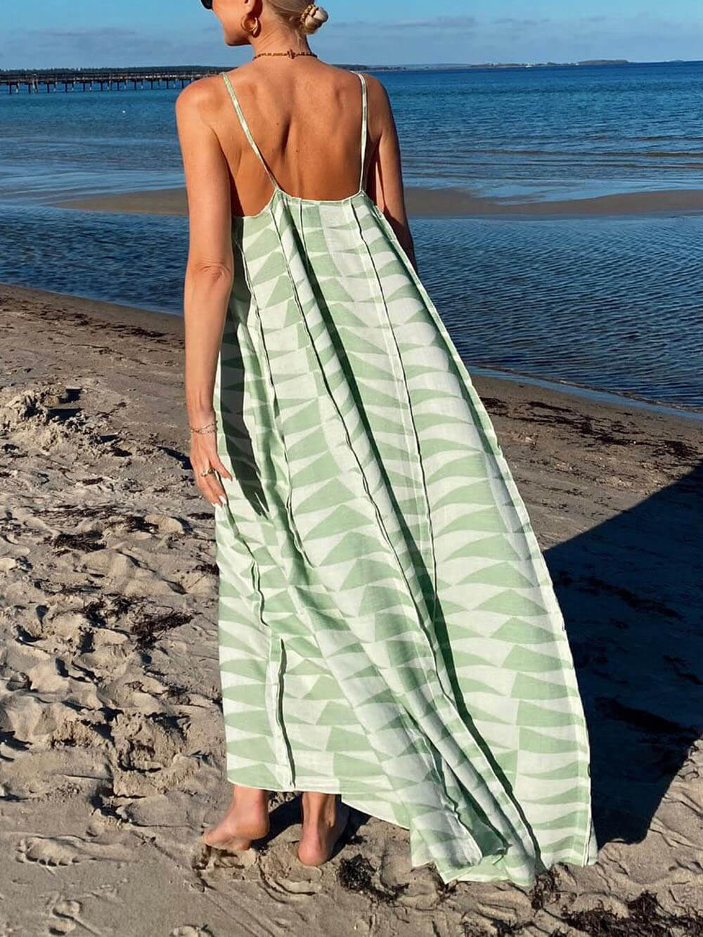 Bohemian Style Unique Ruffle Triangle Print Suspender Maxi Dress