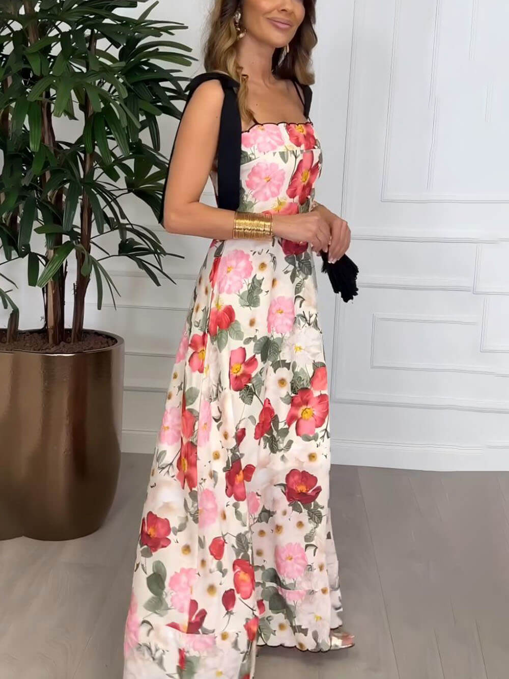 Elegant Floral Print Suspender Strap Maxi Dress
