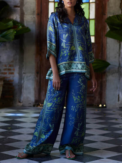 Ocean Elegance Botanical Print Elastic Waist Loose Wide Leg Pants