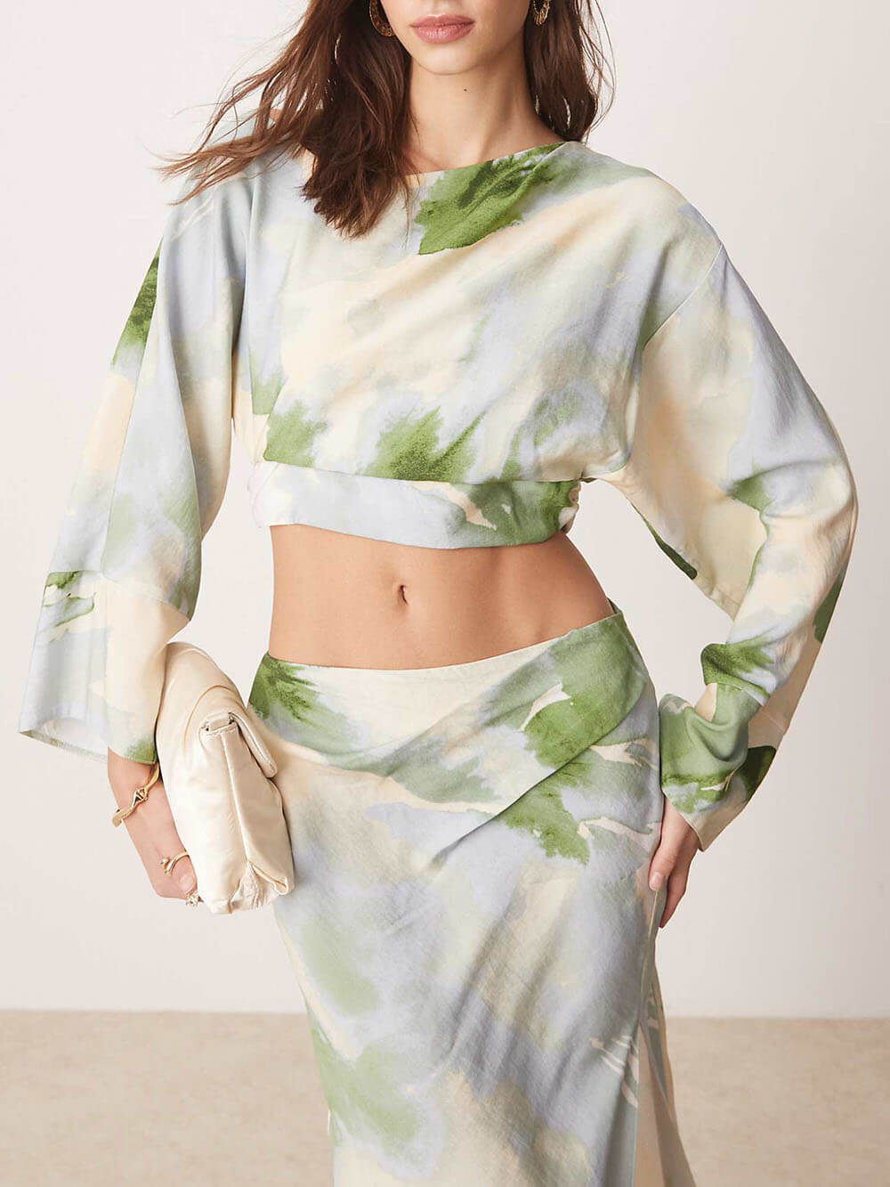 Delicate Watercolor Floral Print With Cutout Waist Slit Maxi Dress