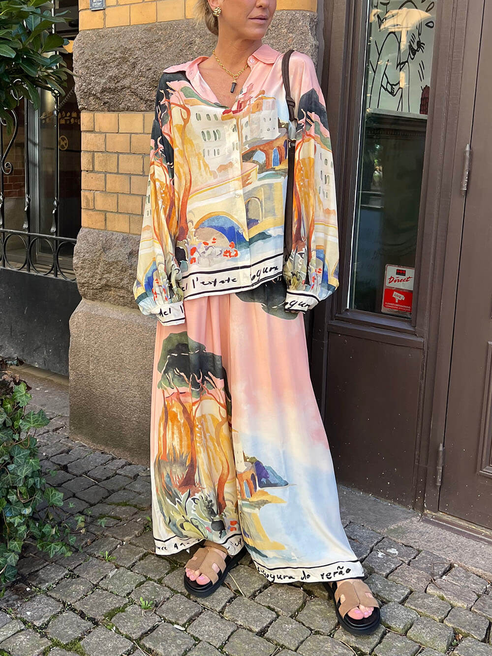 Unique Satin Landscape Print Loose Oversized Shirt