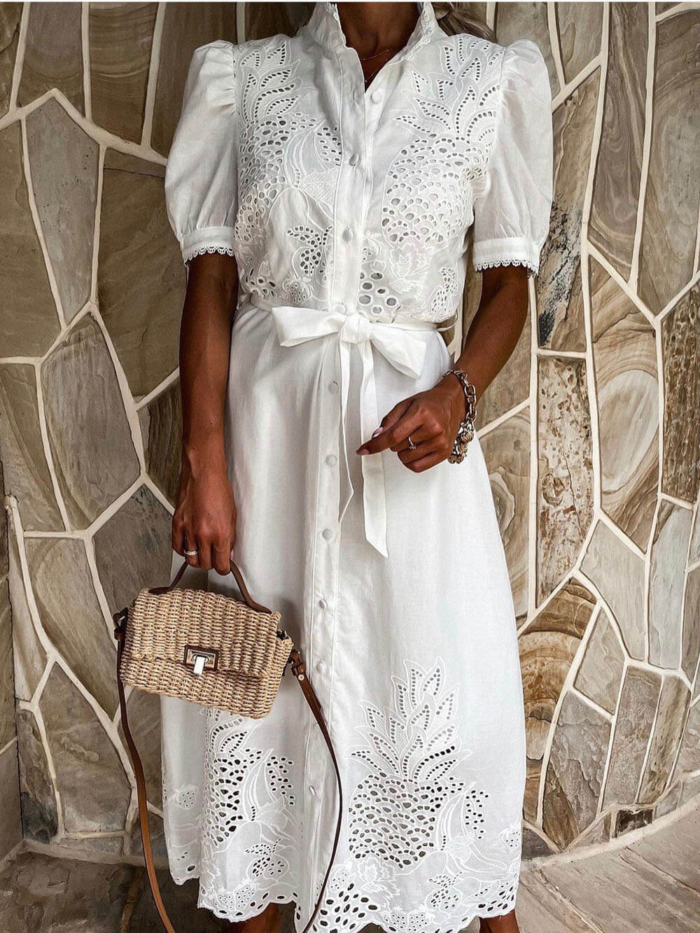 Exquisite Lace Stitching Hollow Waist Wide Swing Dress