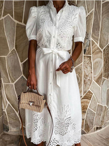 Exquisite Lace Stitching Hollow Waist Wide Swing Dress