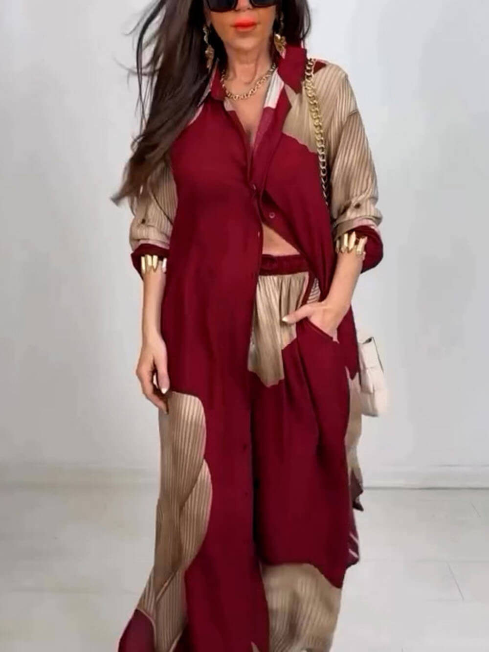 Elegant Loose Printed Midi Top Wide Leg Pants Set