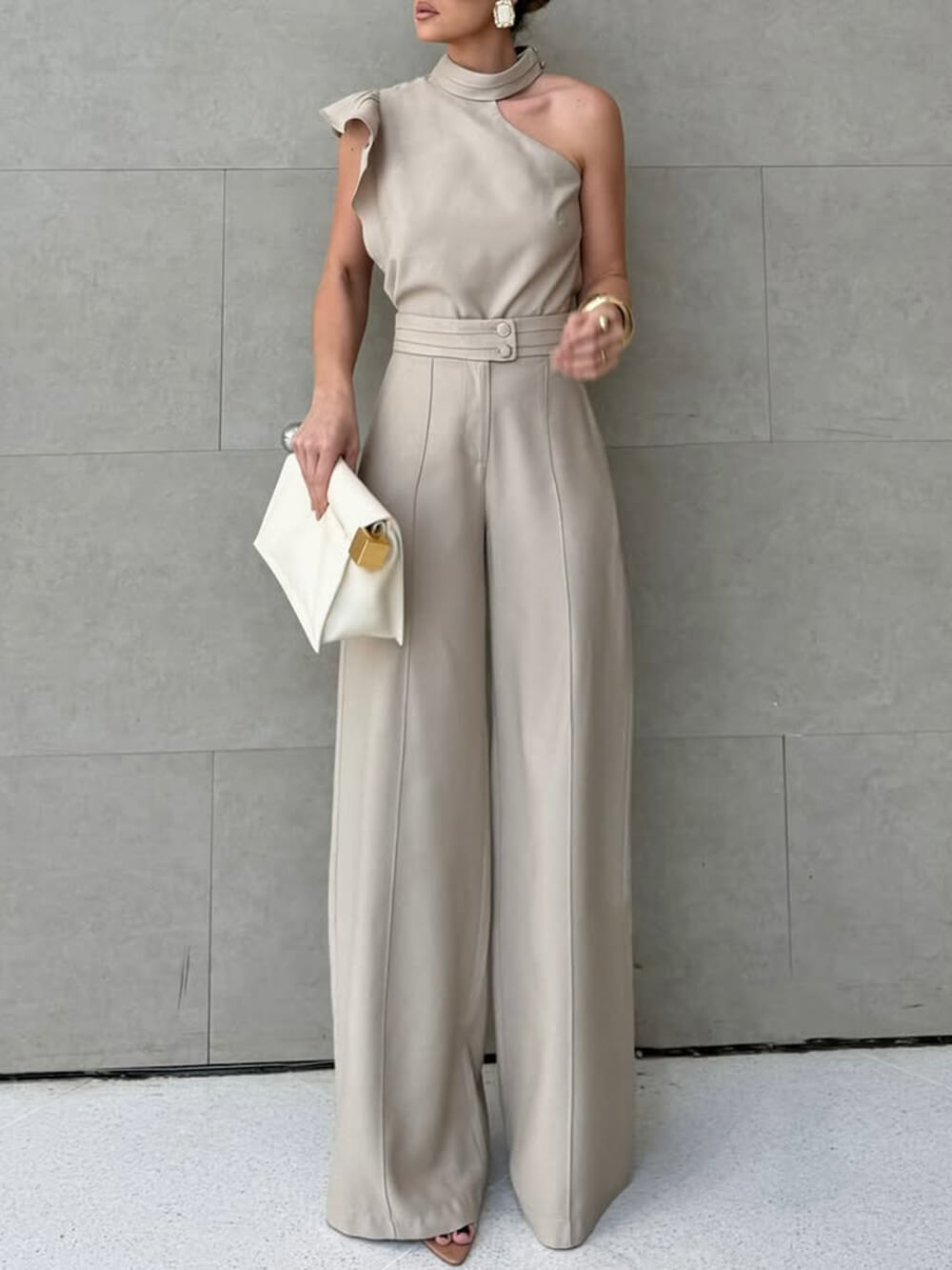 Casual Ruffle Sleeve Halter Top With Simple Solid Color Straight Pants Set