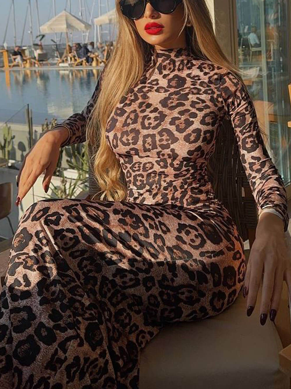 Classic Unique Leopard Print Hollow Slim Maxi Dress