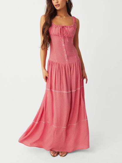 Vintage French Check Print Suspenders Drawstring Pleated Ruffle Maxi Dress