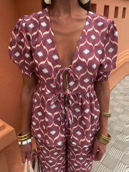 Casual Floral Print Lace-Up V-Neck Top