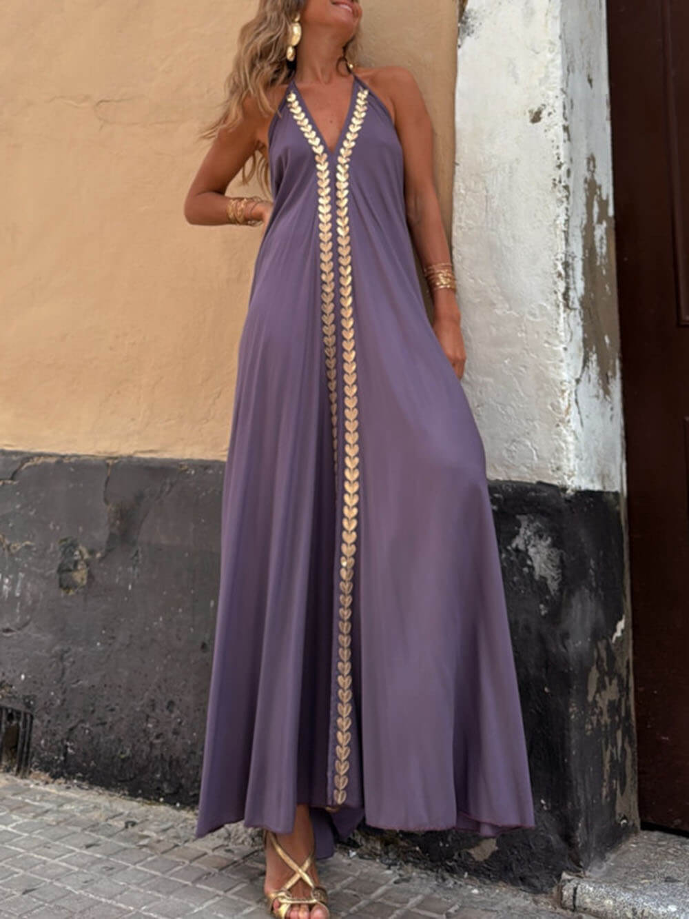 Exquisite And Unique Gold Trim Stitching Open Back Lace Up V-Neck Maxi Dress