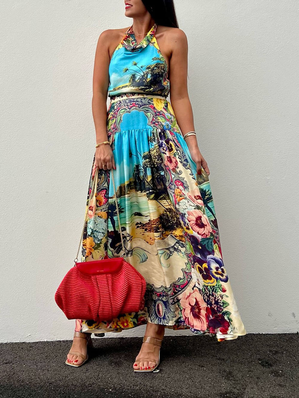 Vibrant Floral Print Draped Fitted Waist Pleated Skirt