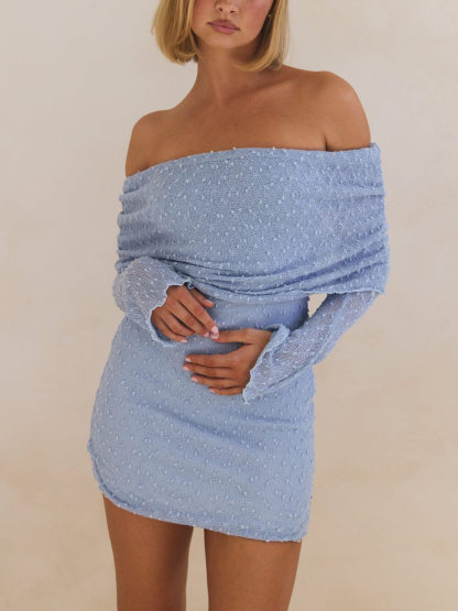 Summer Boucle Knit Off-The-Shoulder Neckline Prom Mini Dress