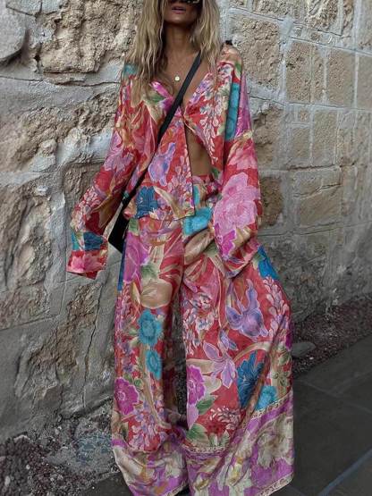 Satin Unique Casual Floral Print Elastic Waistband Pocket Wide Leg Pants