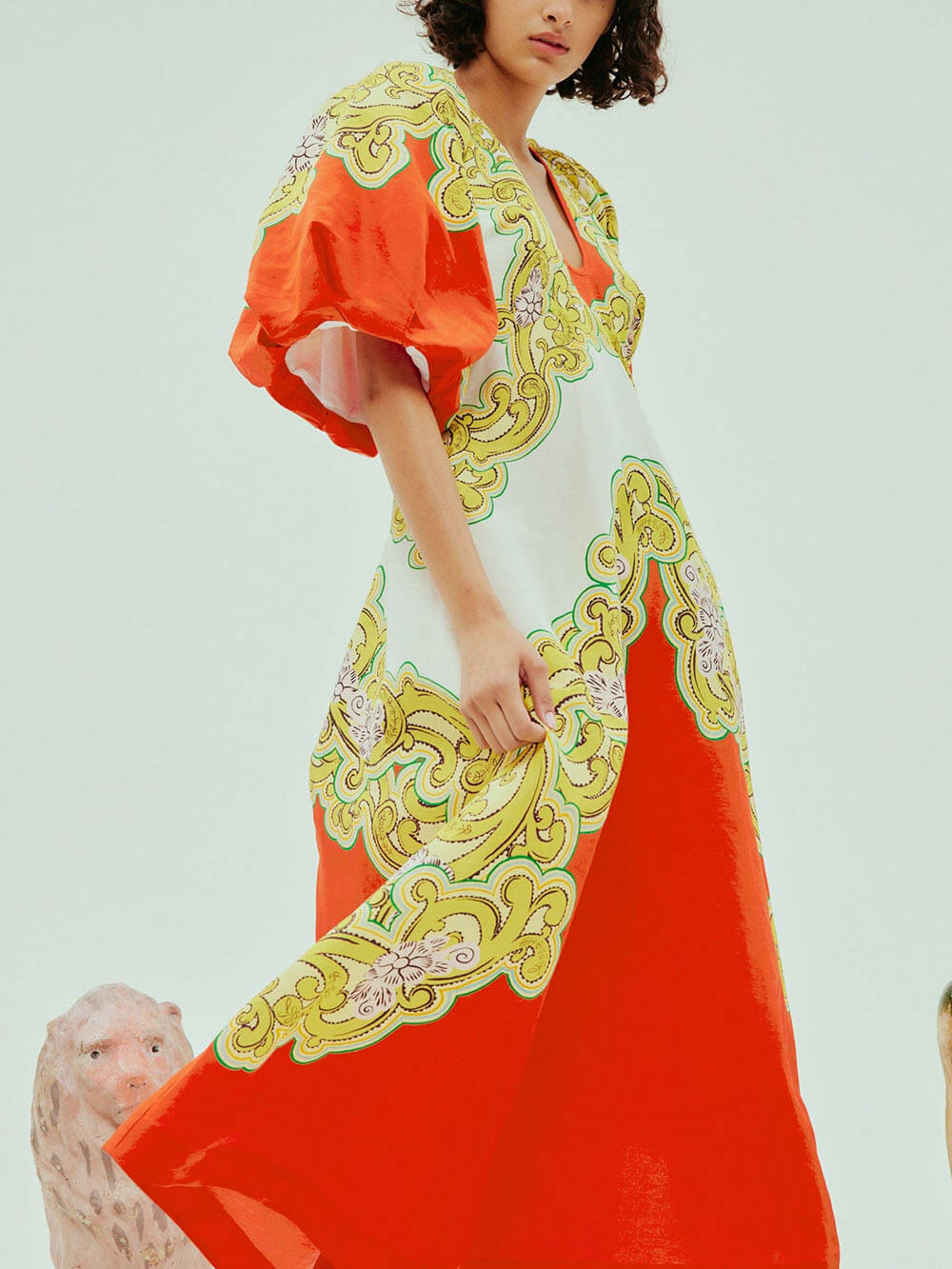 Classic Unique Print Long Sleeves With Ruching Midi Dress