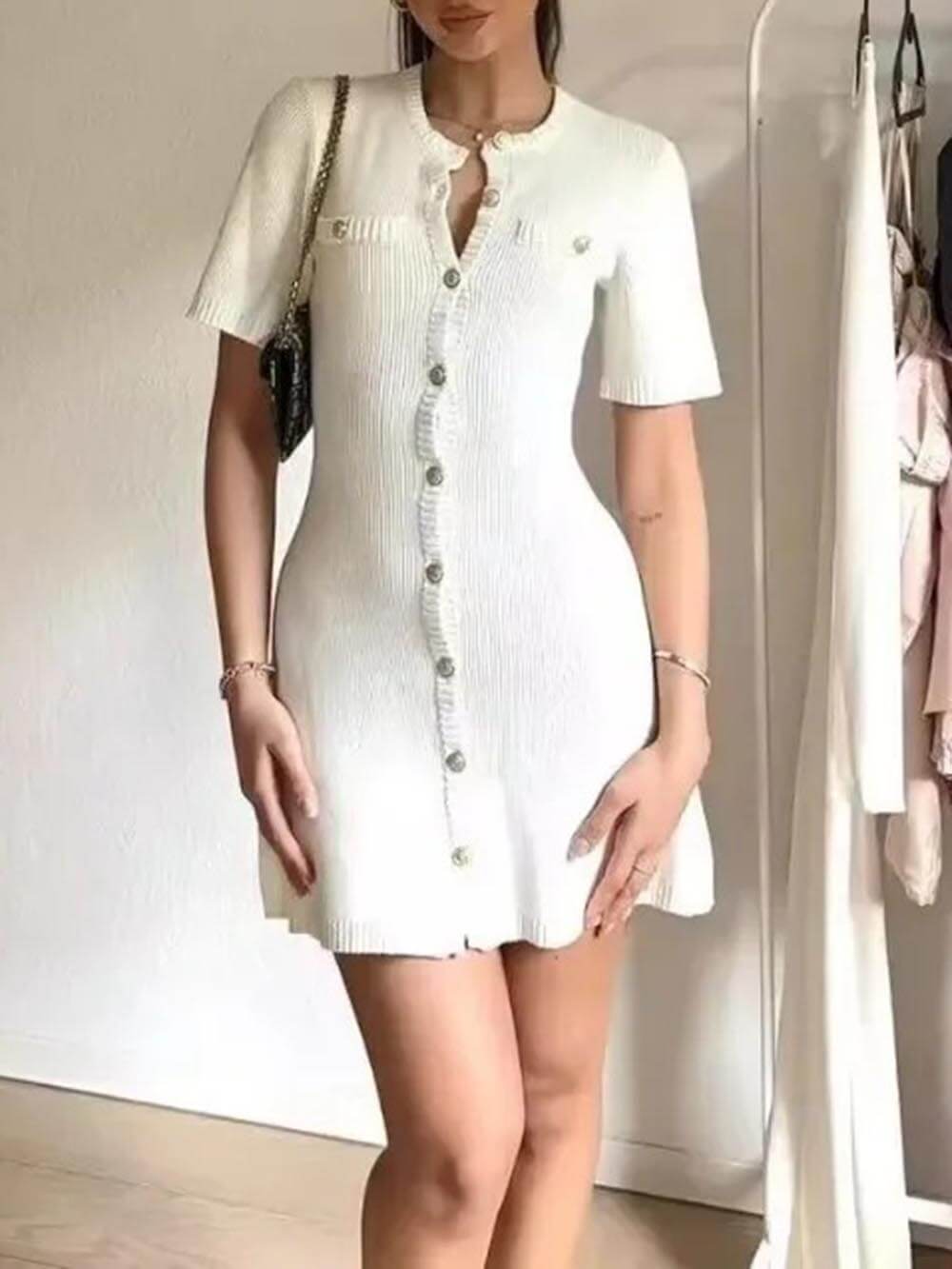 Delicate Short Sleeve Button Knit Mini Dress
