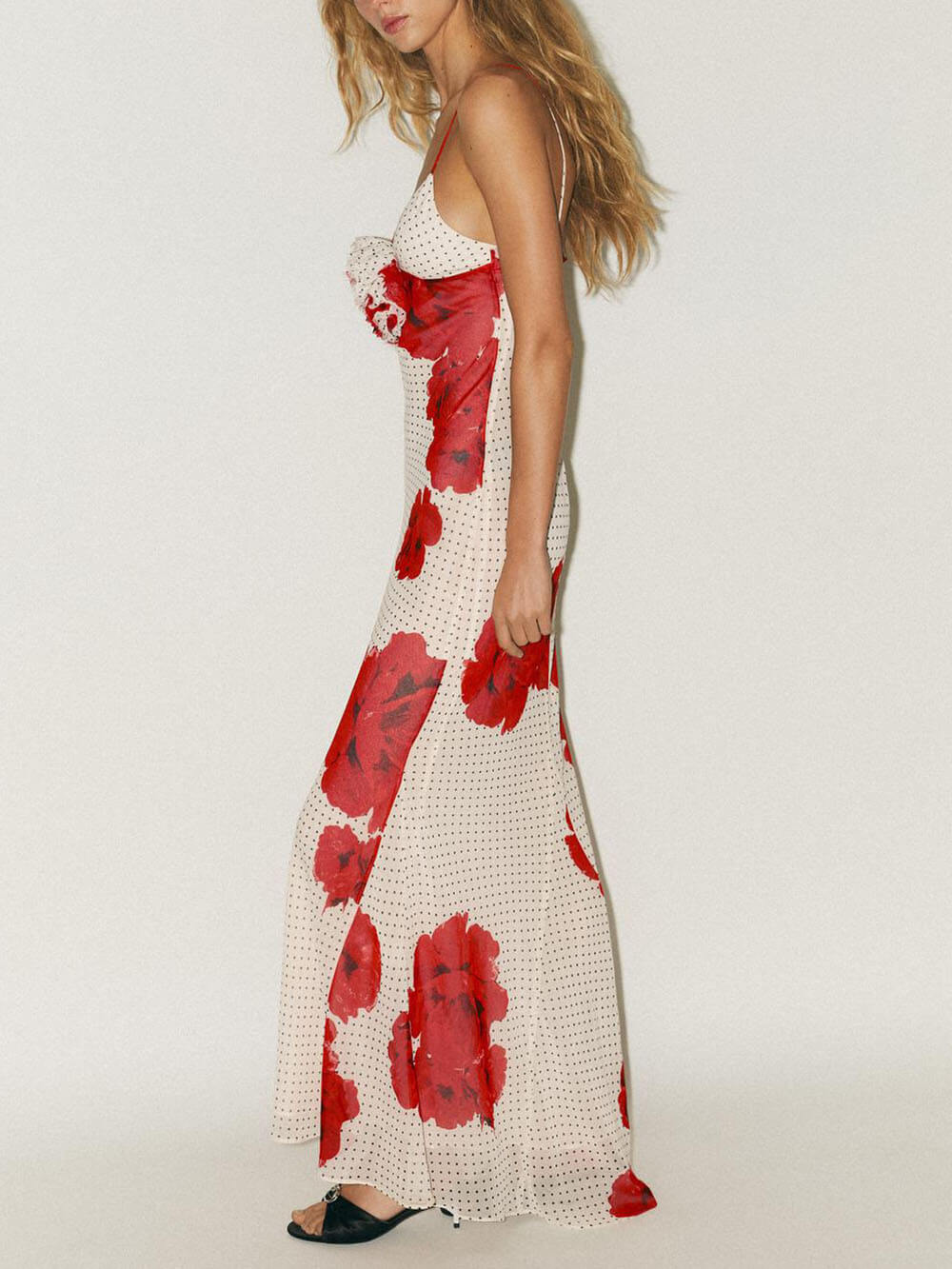 Elegant Poka Dot Floral Print  Flower Detail Slip Maxi Dress