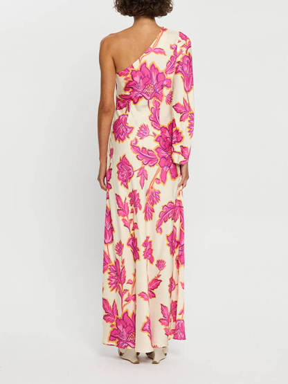 Unique Satin Floral Print One Shoulder Flared Maxi Dress