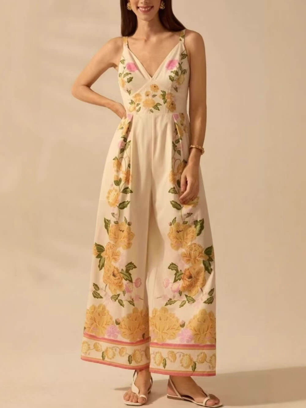 Bohemian Style Plant Print Casual Sling Holiday Loose Jumpsuit