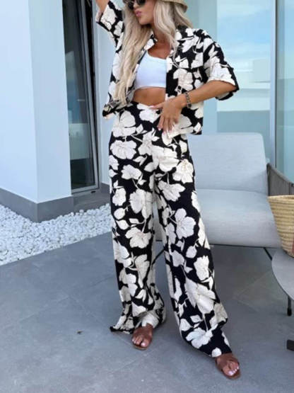 Modern Casual Satin Floral Print High Waist Pocket Wide Leg Pants