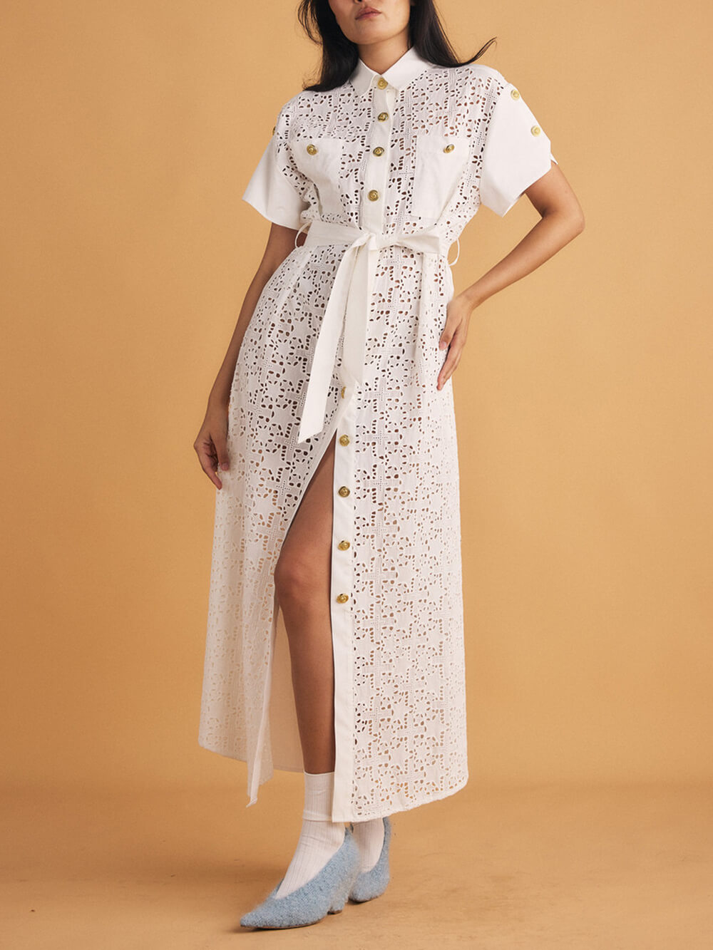 Casual Hollow Star Embroidered Belted Shirt-Style Maxi Dress