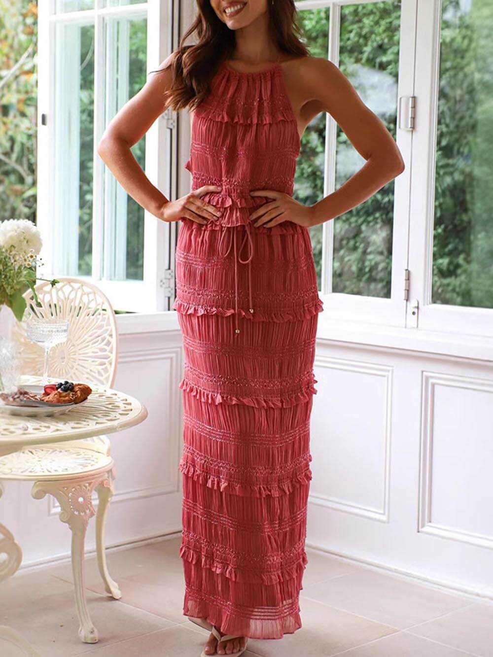 Charming Pleated Drawstring Sleeveless Chiffon Tank Top