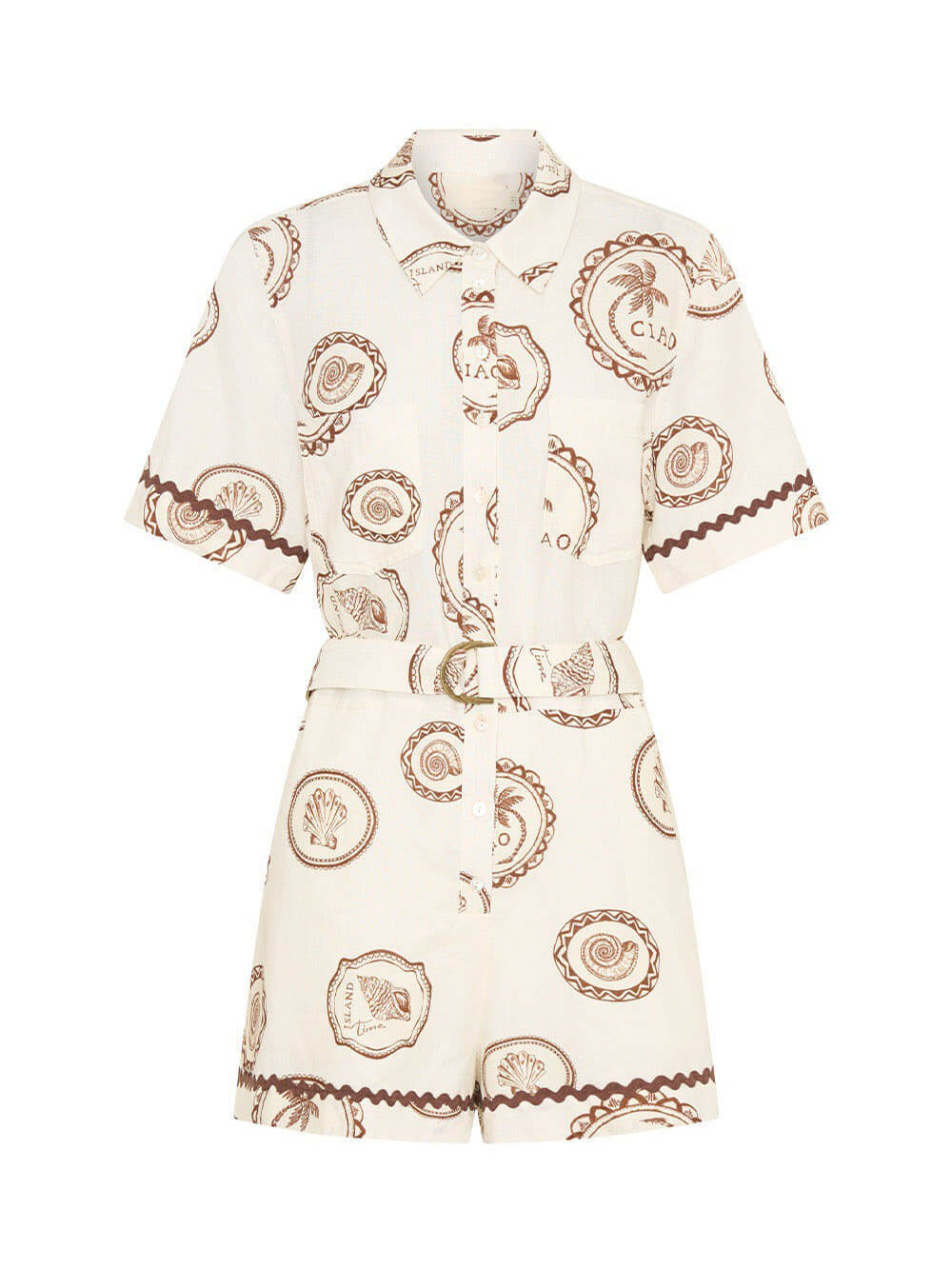 Elegant Lace-Up Linen Shell Print Cardigan Jumpsuit