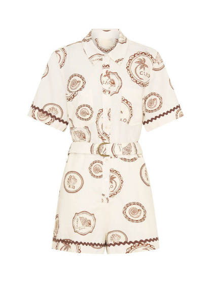 Elegant Lace-Up Linen Shell Print Cardigan Jumpsuit