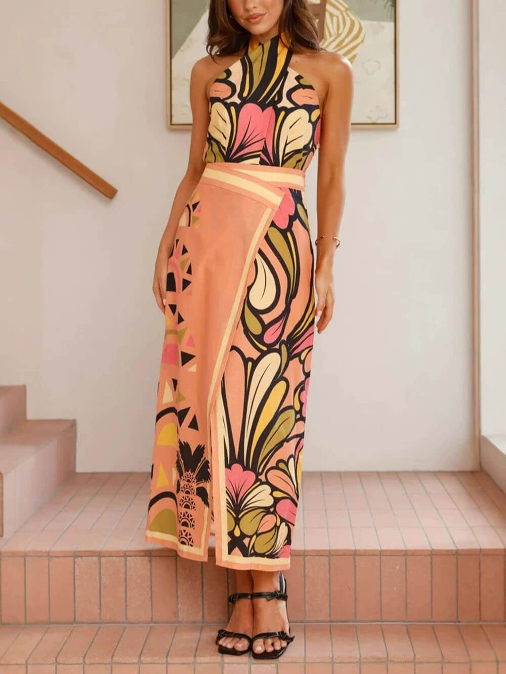 Unique Floral Print Twisted Halter Neck Tie Backless Vest Top