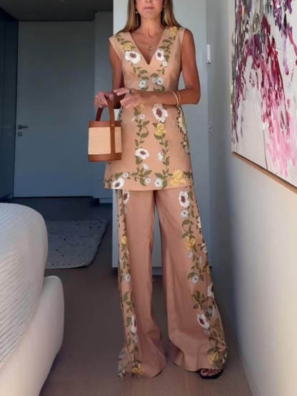 Chic Perfect Style Linen Blend Floral Elastic Waist Flare Pants