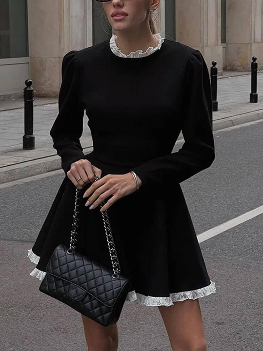 Elegant Lace Panel High Waist Long Sleeve Mini Dress