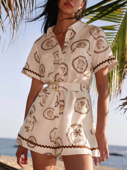 Elegant Lace-Up Linen Shell Print Cardigan Jumpsuit