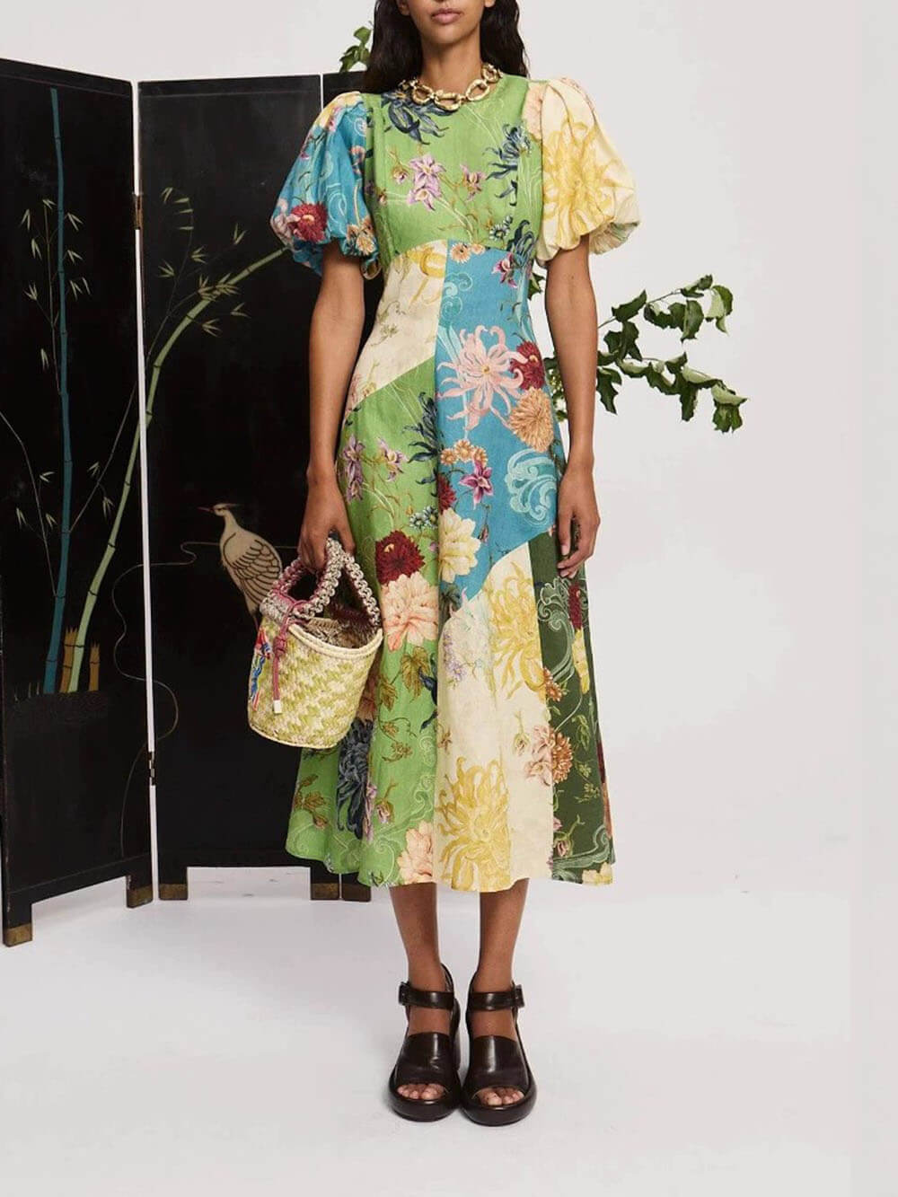 Casual Personalized Graffiti Print Lantern Sleeve Round Neck Linen Maxi Dress