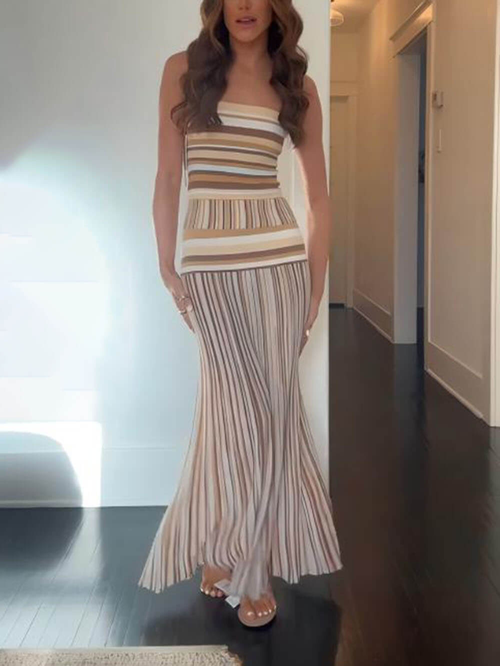 Exquisite Strapless Striped Printed Pleated Maxi Dress