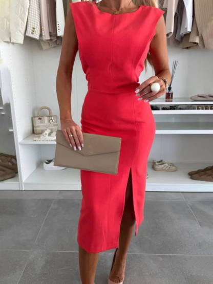 Elegant Charming Lady Round Neck Sleeveless Waisted Slit Stretch Midi Dress