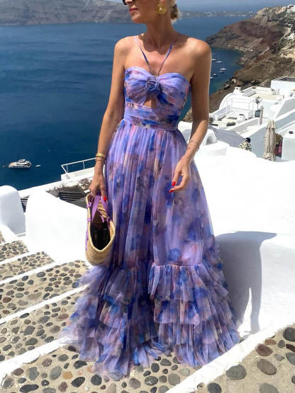 Elegant Floral Print Chiffon Layered Halter Maxi Dress