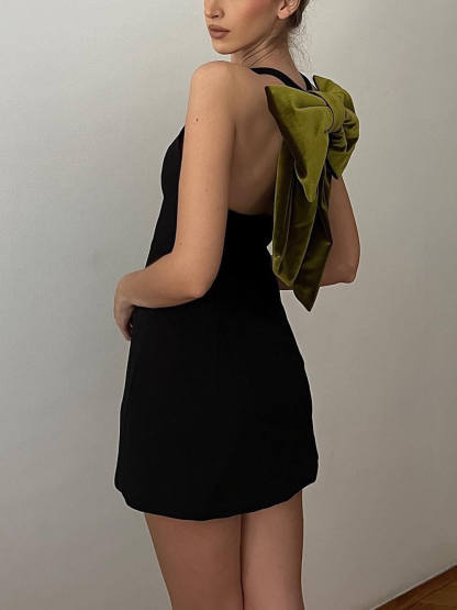 Elegant Sweet Party Contrast Back Velvet Bow Mini Dress