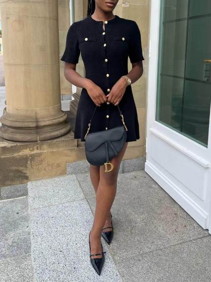 Delicate Short Sleeve Button Knit Mini Dress