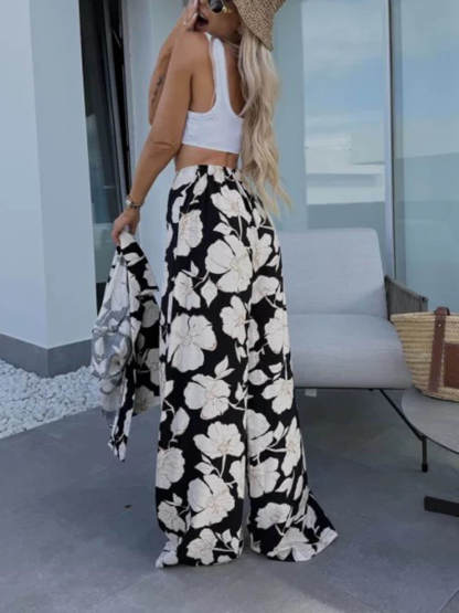 Modern Casual Satin Floral Print High Waist Pocket Wide Leg Pants