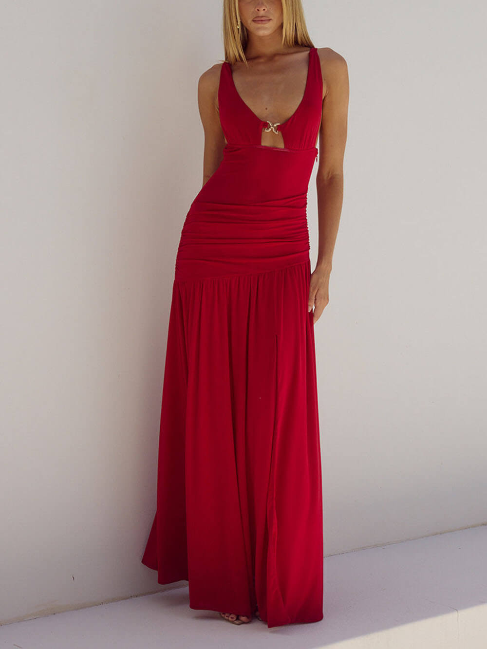 Luxury Mesh Semi-sheer Side Slit Cutout Maxi Dress