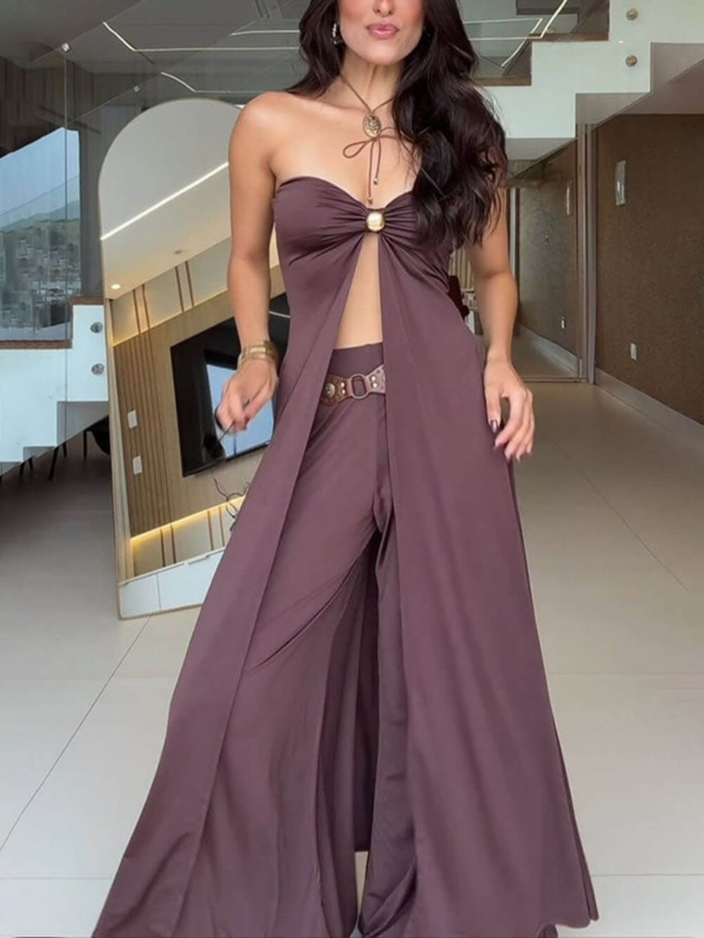 Fashion Stellah Golden Details Front Slit Midi Tube Top and Elastic Waist Wide Leg Pants Set