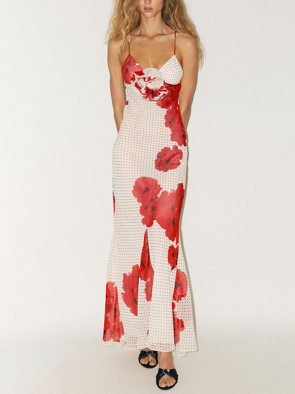 Elegant Poka Dot Floral Print  Flower Detail Slip Maxi Dress