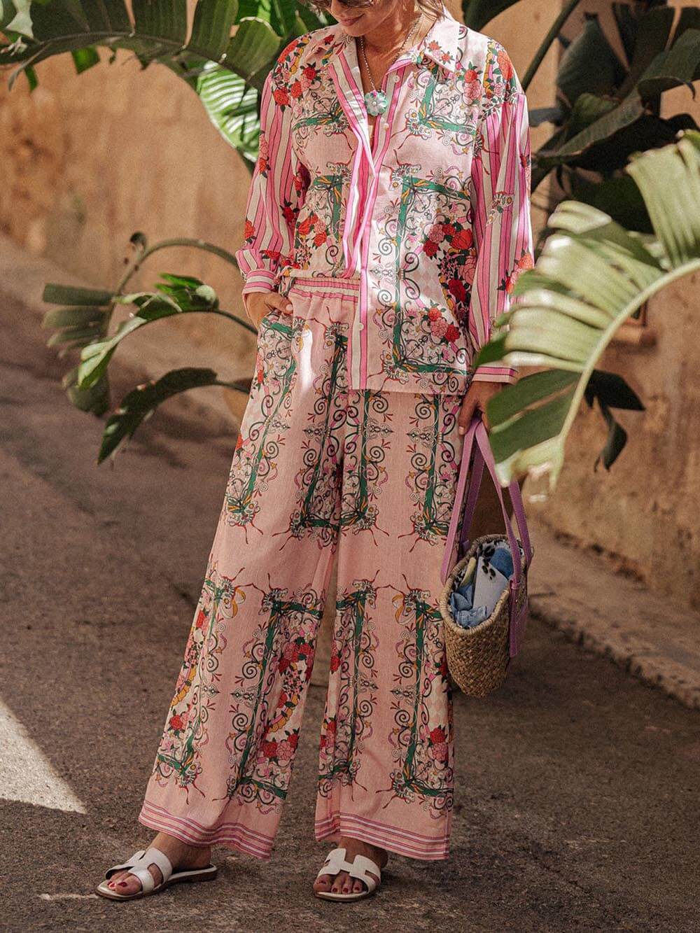 Unique Charm Floral Print Elastic Waist Pocketed Pants