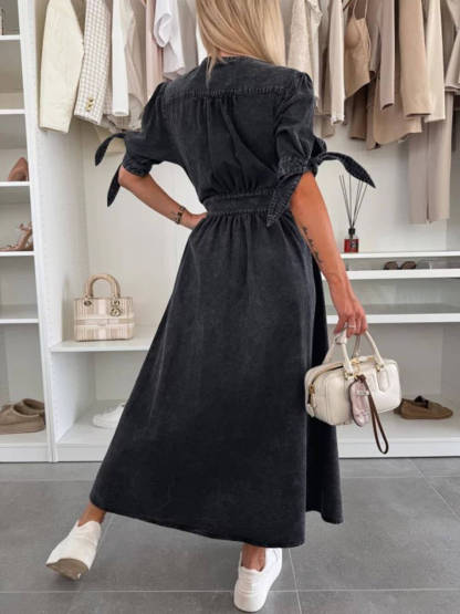 Unique Pleats Solid Color V-Neck Button-Down Denim Midi Dress