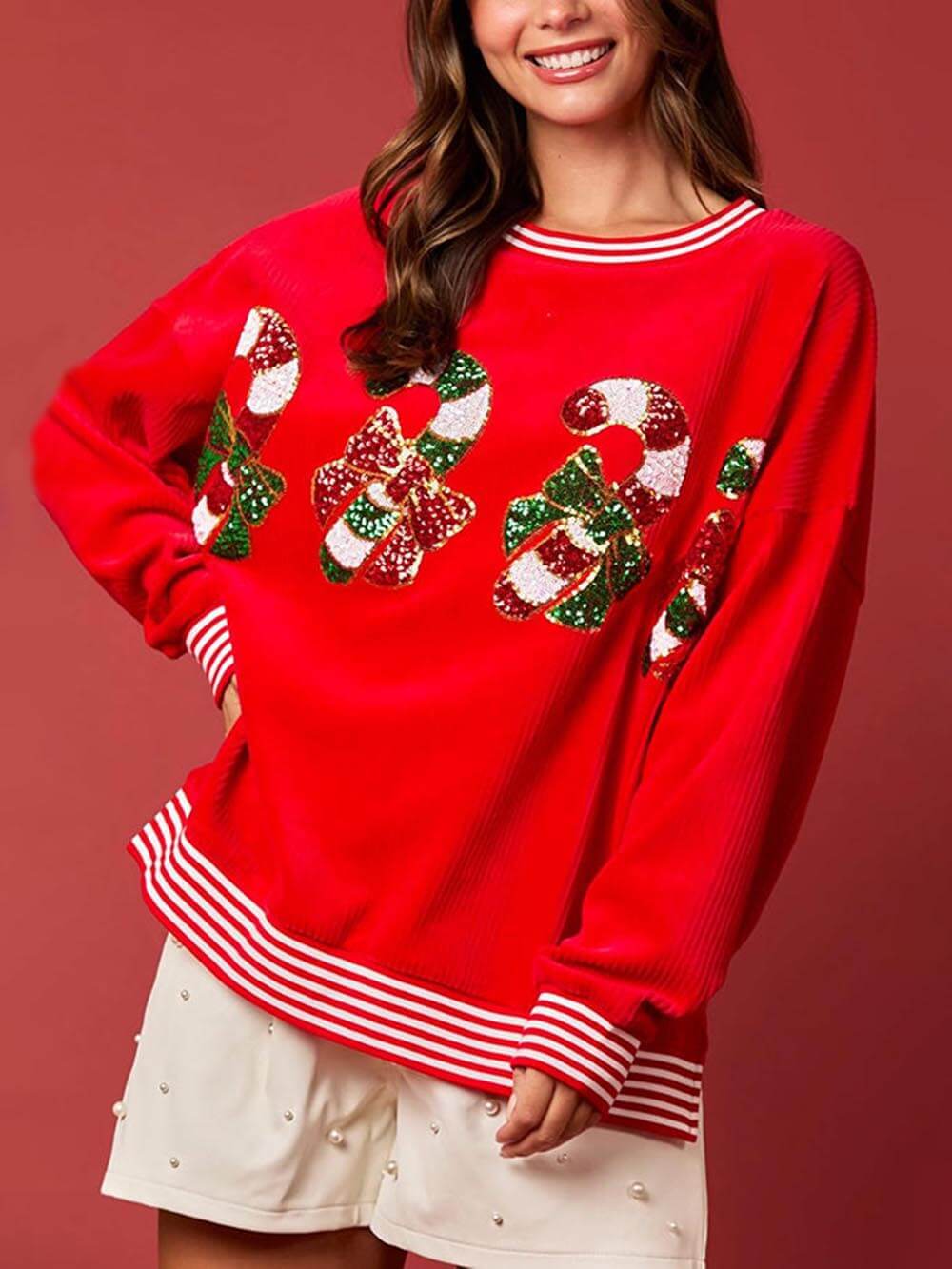 Christmas Decoration Sequined Round Neck Long Sleeve Sweatshirt