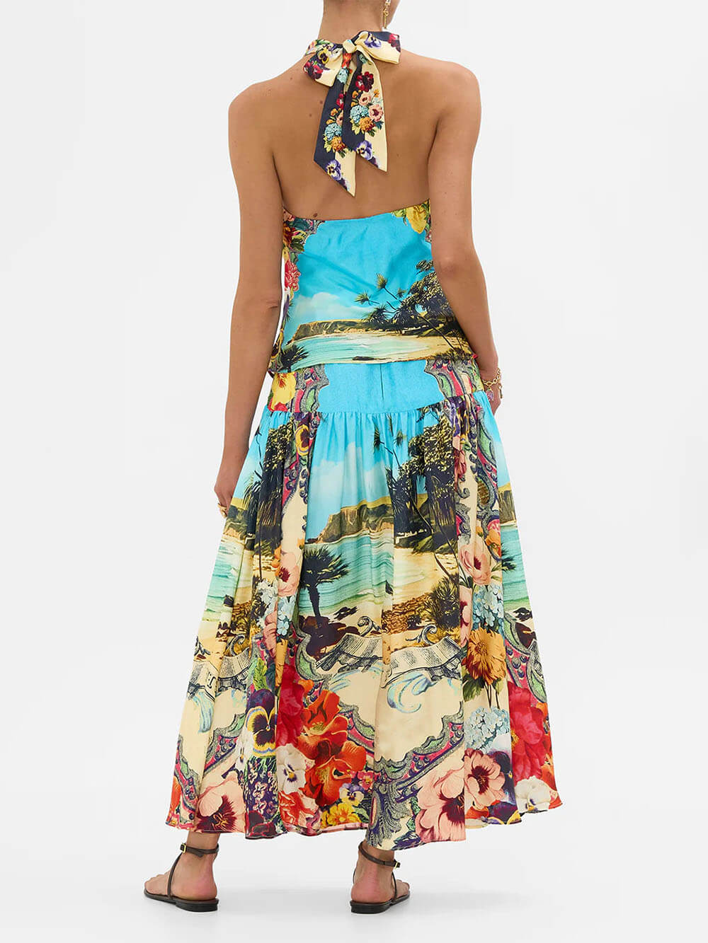 Vibrant Floral Print Draped Lace-Up Sleeveless Scarf Top