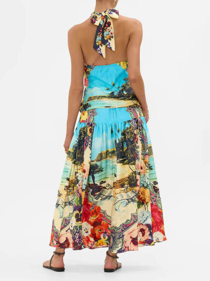 Vibrant Floral Print Draped Lace-Up Sleeveless Scarf Top